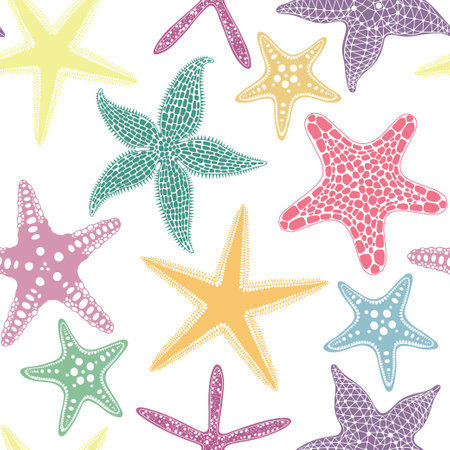 Seamless pattern with multicolored starfish on white. Vector. marine background.のイラスト素材
