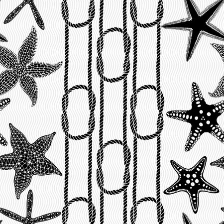 Seamless vector pattern with starfish, knots. Perfect for design templates, wallpaper, wrapping, fabric and textile. black and white.のイラスト素材