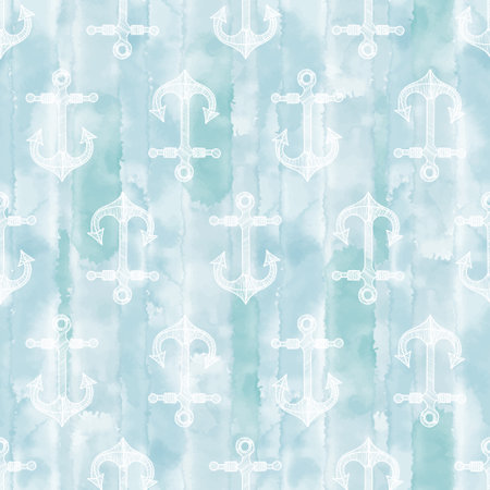 Endless background with anchors on blue watercolor.のイラスト素材
