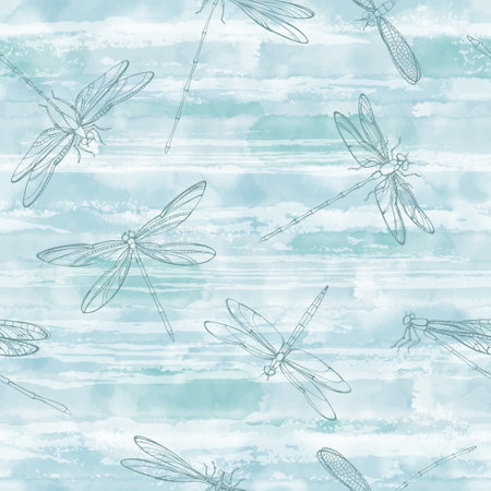 Endless vector background with dragonflies on blue watercolor.の写真素材