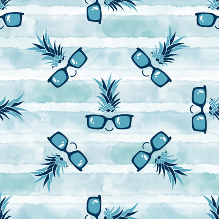 Cartoon background with summer character. Vector illustration on blue watercolor background.