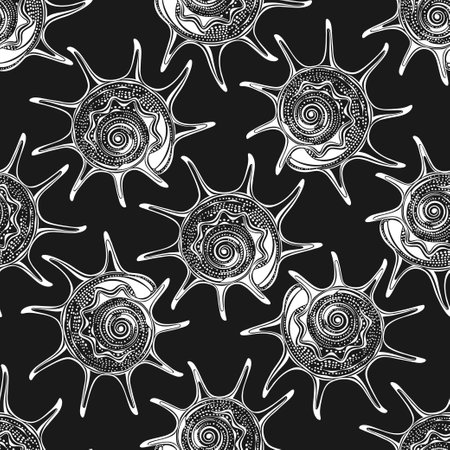 seashells. Seamless pattern on black. Vector. Perfect for wallpaper, wrapping, fabric and textile.のイラスト素材