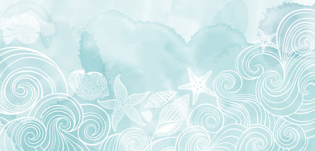 Art sea background vector. Luxury design with underwater plants, shells, starfish, corals, sea creatures and  watercolor splash. Template design for text, packaging and prints.のイラスト素材