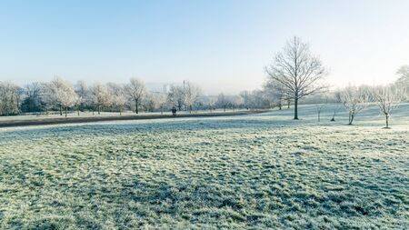 Almost empty park on a sunny, bright and frosty winter morning in Glasgow, Scotlandの写真素材