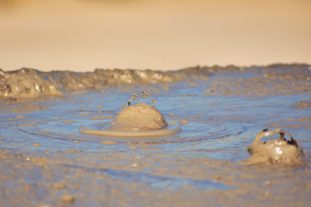 Falling drops of water on the sand. Shallow depth of field.