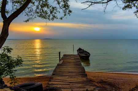 pontoon on the lake shoreの写真素材