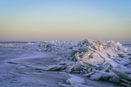 ice floes in winter on the lakeの写真素材