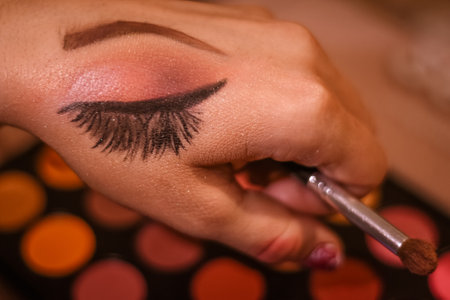 eye drawn with colored pencils on the handの写真素材