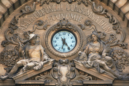 clock on the CEC Palace building in Bucharestのeditorial素材