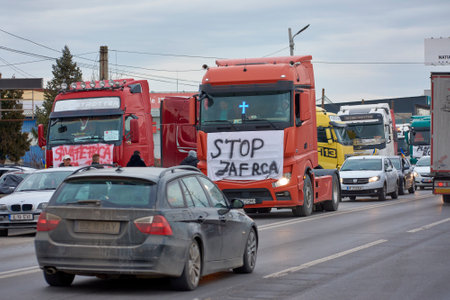 Romanian transporters and farmers protest, Afumati, Ilfov, Romaniaのeditorial素材