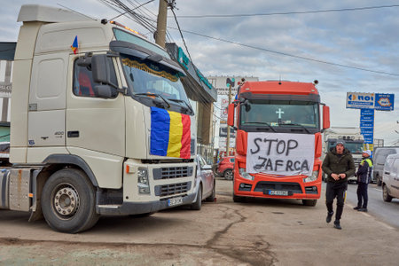 Romanian transporters and farmers protest, Afumati, Ilfov, Romania -Jan 2024のeditorial素材