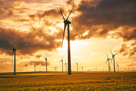 wind farms in Dobrogea in the warm sunlight