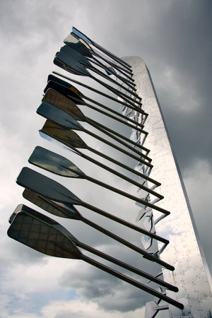 The monument with oars of Ivan Patzaichin in Tulcea