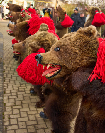 the festival of winter customs and traditions from Comanesti, Bear Dance, Bacau, Romaniaの写真素材