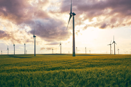 wind farms in Dobrogea in the warm sunlightの写真素材