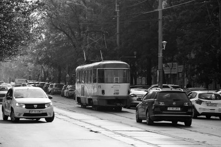 The Tatra tram circulating on the streets of Bucharestのeditorial素材