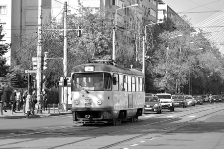 The Tatra tram circulating on the streets of Bucharestのeditorial素材