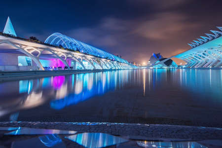 Long exposure photo of the Science museum from Valencia reflected in the water during the nightのeditorial素材