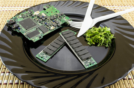 Consumer electronics concept for the appetite of buyers in electronic industry, with printed circuit board and microchips on a plate served with chopped parsleyの写真素材