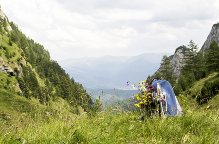 Backpack with attached bouquet of freshly picked alpine flowers on top of a mountain valleyの写真素材