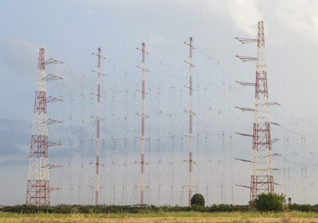 Tall installation of radio antennas forming a network for radio communications at long distanceの写真素材