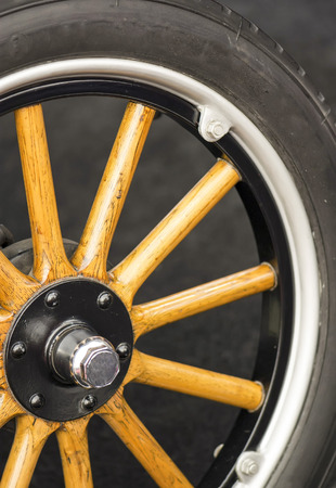 Vintage car wheel with wooden spokesの写真素材