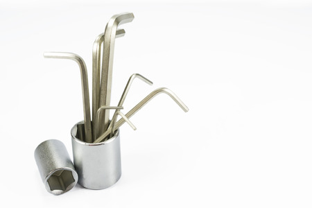 Allen keys set arranged in a tubular bit tool. isolated on whiteの写真素材