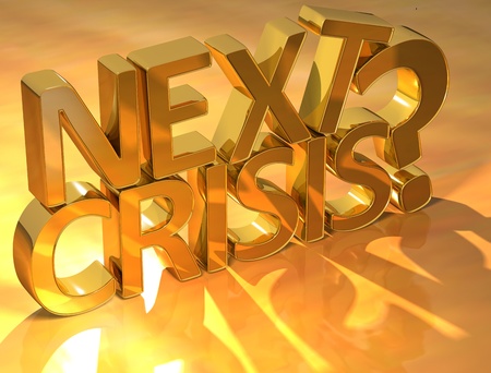 Next Crisis Gold Text over yellow background