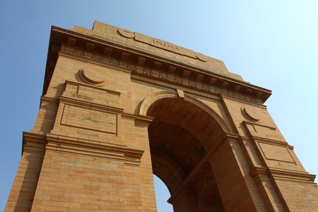 Dramatic angle view of the India Gate monument in New Delhi, India.の写真素材