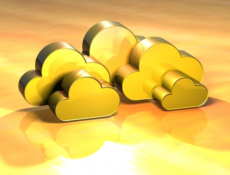 3D Clouds Gold Sign over yellow backgroundの写真素材