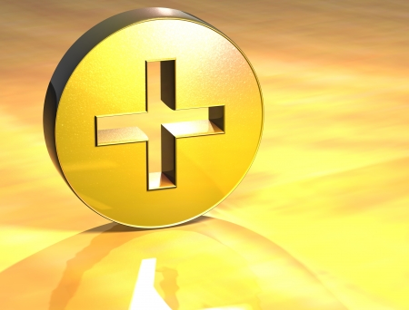 3D Plus Gold Sign over yellow backgroundの写真素材