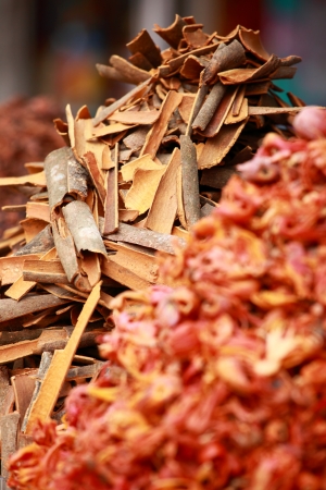 Traditional spices and dry fruits in local bazaar in India.の写真素材