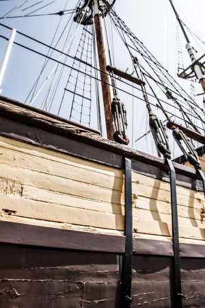 Old woody boat in marina の写真素材