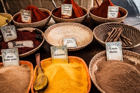 Colorful tika powders on indian market, India , Asia  ( HDR image )の写真素材