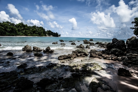 Neil Island beach and blue sky with white clouds, Andaman islands - India  の写真素材