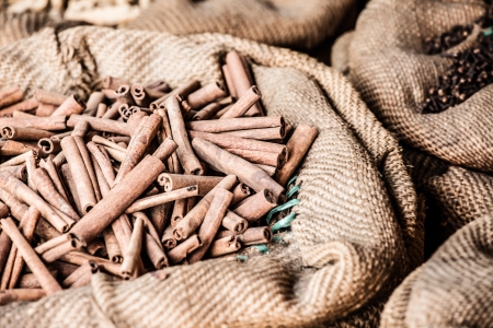 Spices and herbs in bags at market in India ( HDR image )