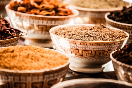 Spices and herbs in bowls. Food and cuisine ingredients. Colorful natural additives. ( HDR image )の写真素材