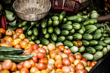 Fruits and vegetables at a farmers market の写真素材