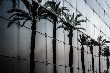 blue glass transparent wall of modern building house の写真素材
