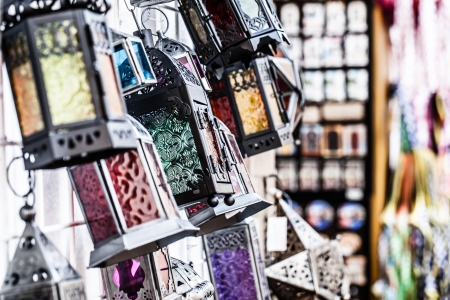 Moroccan glass and metal lanterns lamps in Marrakesh souqのeditorial素材