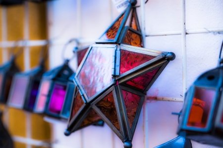 Moroccan glass and metal lanterns lamps in Marrakesh souqの写真素材