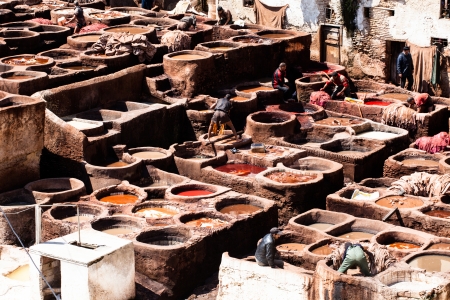 Tanneries of Fes, Morocco, AfricaOld tanks of the Fez's tanneries with color paint for leather,...