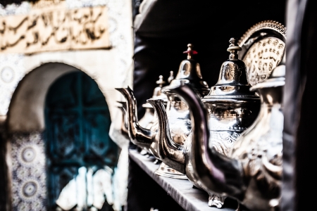 Set of arabic nana mint tea with metal tea pot and glassesの写真素材
