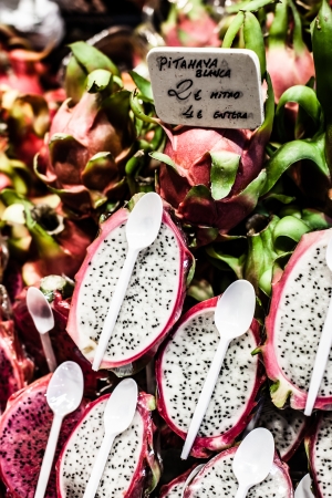 Fruits stand in La Boqueria market, Barcelona Spainの写真素材