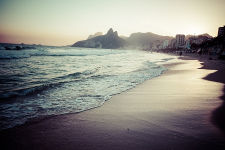 View of Ipanema Beach in the evening, Brazilの写真素材