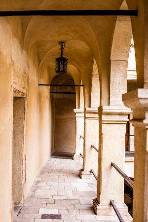 Courtyard castle arcades Pieskowa Skala , medieval building near Krakow, Poland のeditorial素材