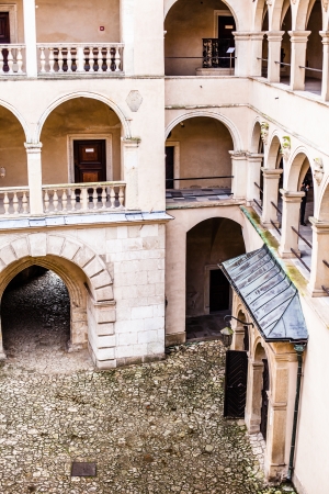 Courtyard castle arcades Pieskowa Skala , medieval building near Krakow, Poland のeditorial素材
