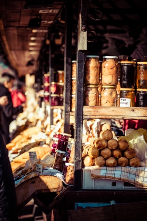 Traditional polish smoked cheese oscypek on outdoor market in Zakopane の写真素材