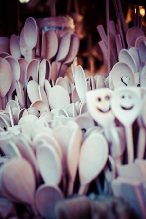 Carved cups, spoons, forks and other utensils of wood の写真素材