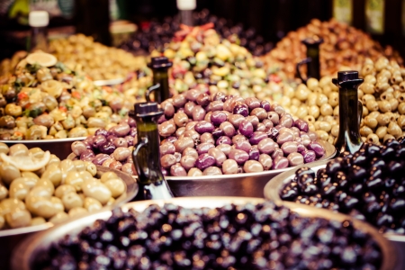 Assortment of olives on local market,Tel Aviv,Israel の写真素材